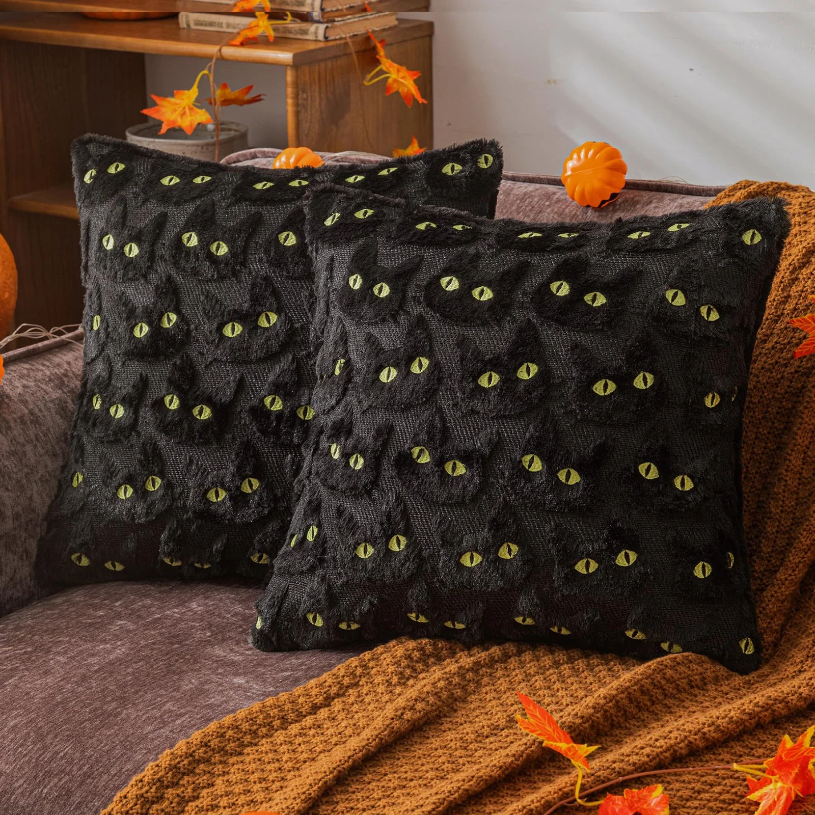 Halloween Black Cat Plush Cushion Cover Embroidery Square Throw Pillow Cover Sofa Home Decor Pillowcase 45x45cm 50x50cm