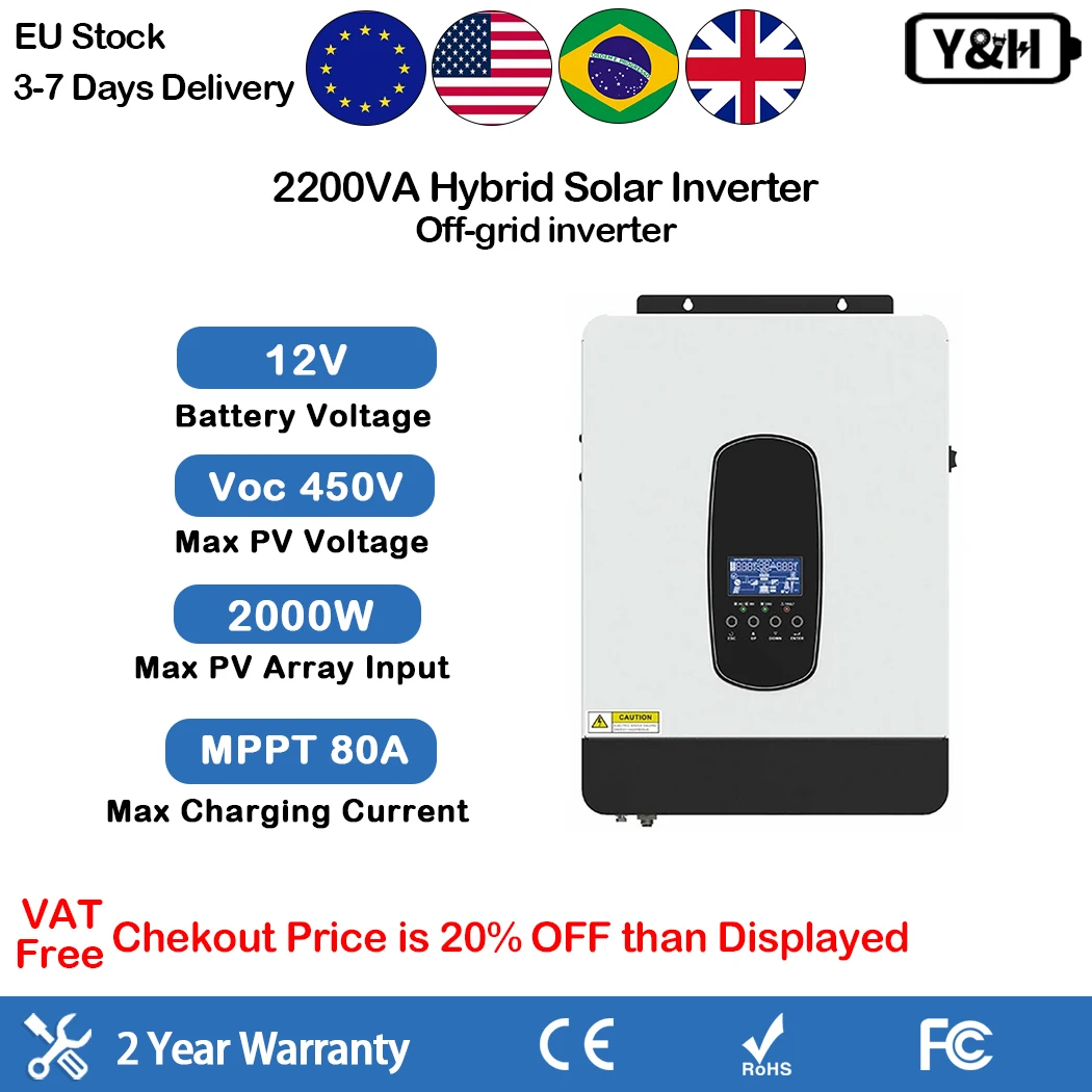 Y&H 1000W 1800W Hybrid Solar Inverter 12V 230V Off-Grid Pure Sine Wave Inversor MPPT 80A Solar Charge Controller Max PV 55-450V