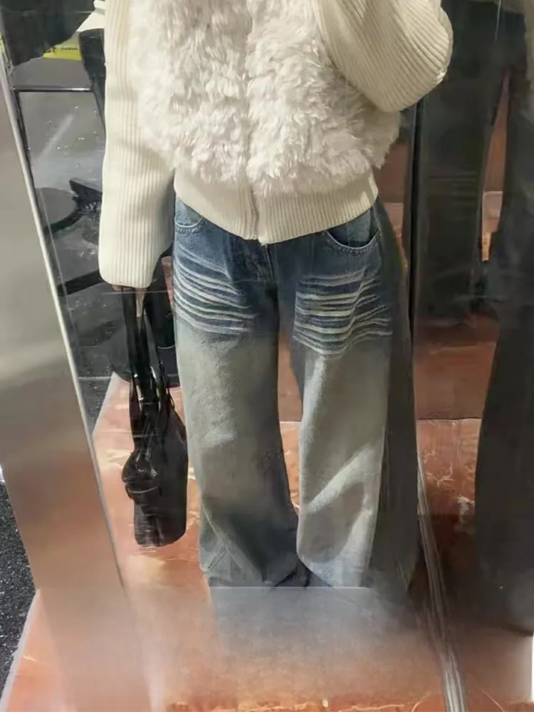 Retro American Sle Women's Wide Leg Jeans Faded Denim High Waist Straight Cut Long Trousers Autumn Winter New Sle Slimmin...