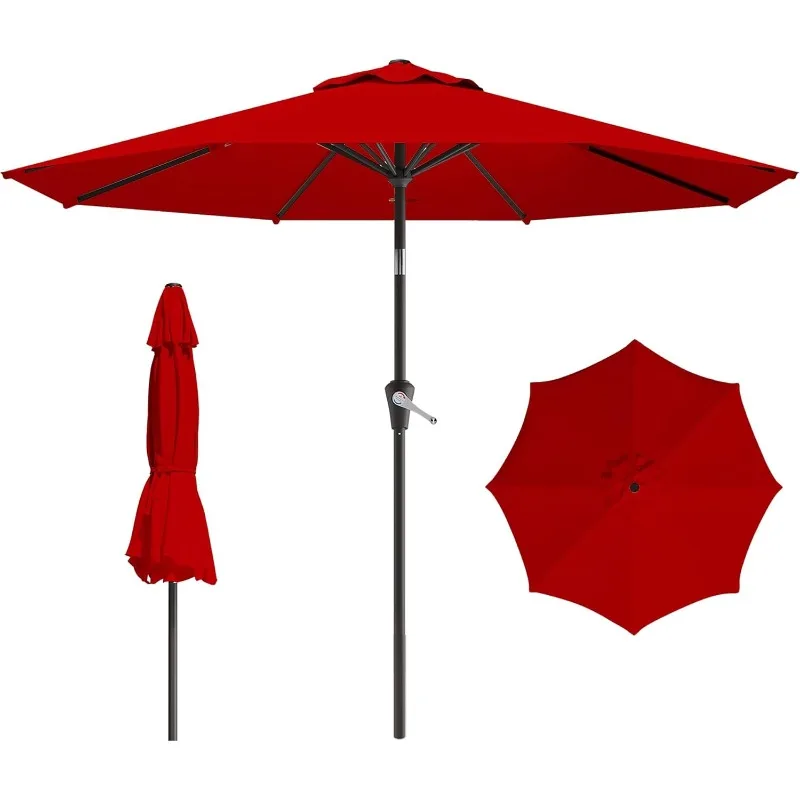 야외용 9 FT 파티오 우산, 푸시 버튼 틸트 및 크랭크가 있는 야외 테이블 우산, 야외 파티오 우산