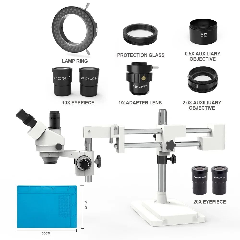 Double Arm Boom 3.5-180X Stand Synchronous Focus Continuous Zoom Trinocular Stereo Microscope Jewelry for Repair