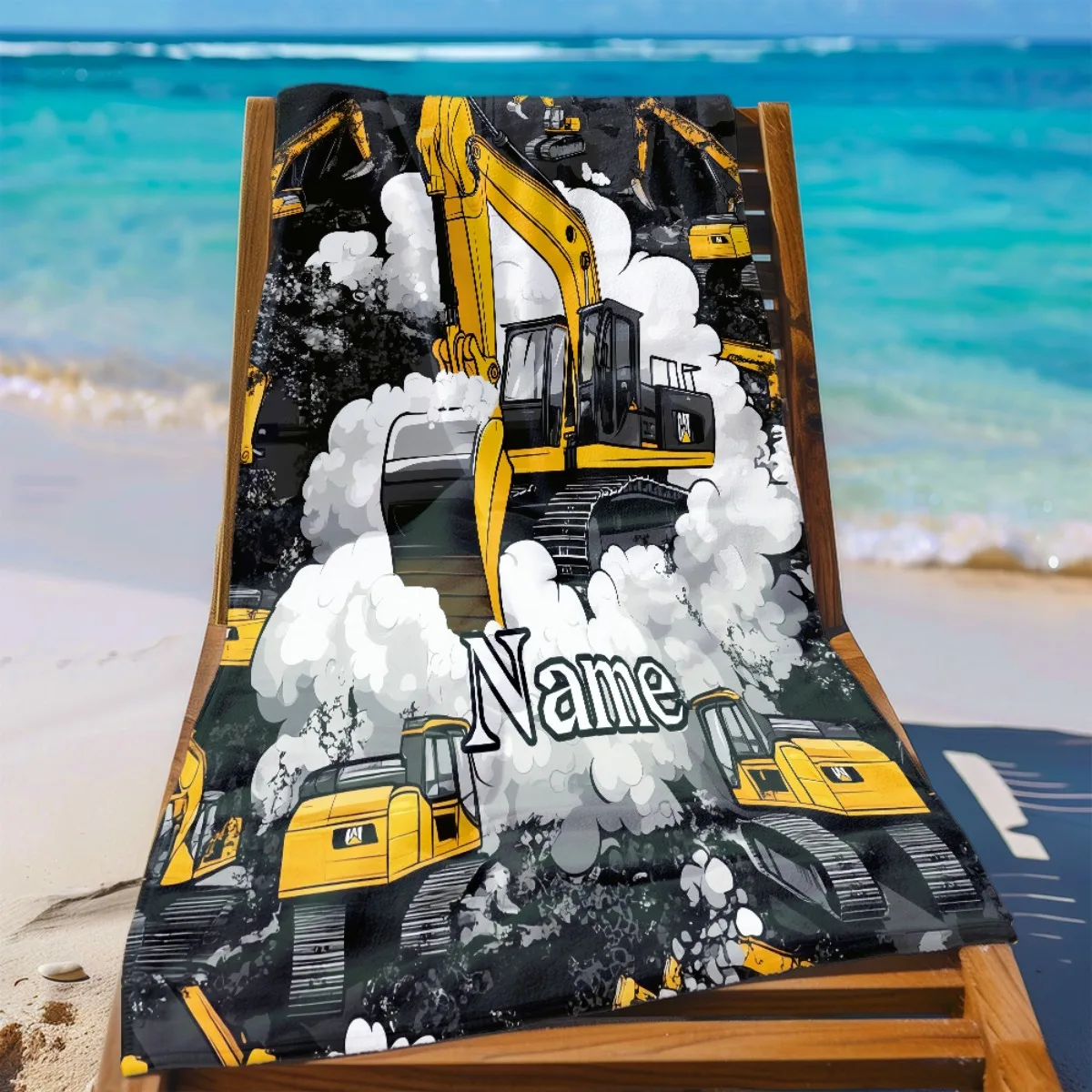 Custom Excavator Beach Towel Construction Truck Design Personalized Name Quick Dry Sand Free Large Bath Towel For Swimming Pool