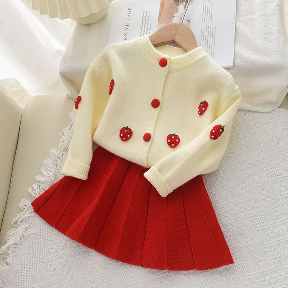 New Year's Red Sweater Clothing Sets Winter Children Clothes Knited Sweater Tops Skirt 2pcs Suit Kids Outfits Xmas Girls Costume