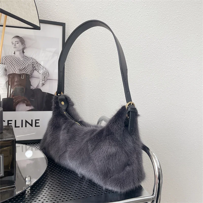 

New Women's Shoulder Bag Natural Mink Hair Casual Handbag High Sense Fashion Elegant Banquet Real Fur Underarm Bag 2023