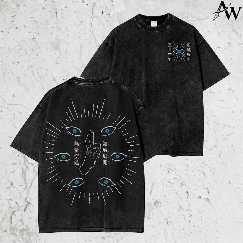 Vintage Washed Jujutsu Kaisen Gojo Satoru Six Eyes Infinite Void Double‑Sided Graphic Tee Unisex Oversized T‑Shirt
