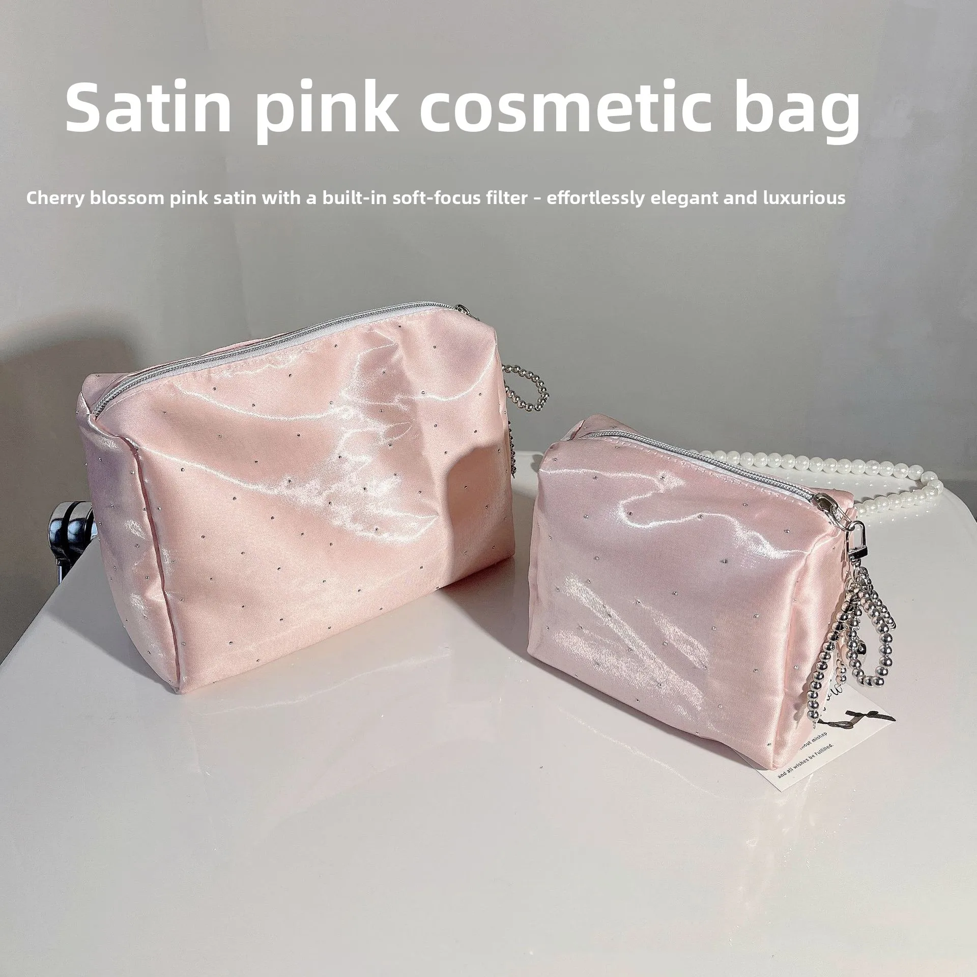 Cosmetic Bag Portable Storage Large Capacity Textured Girl Travel out Storage Bag Satin Rhinestone Temperament Clutch Bag