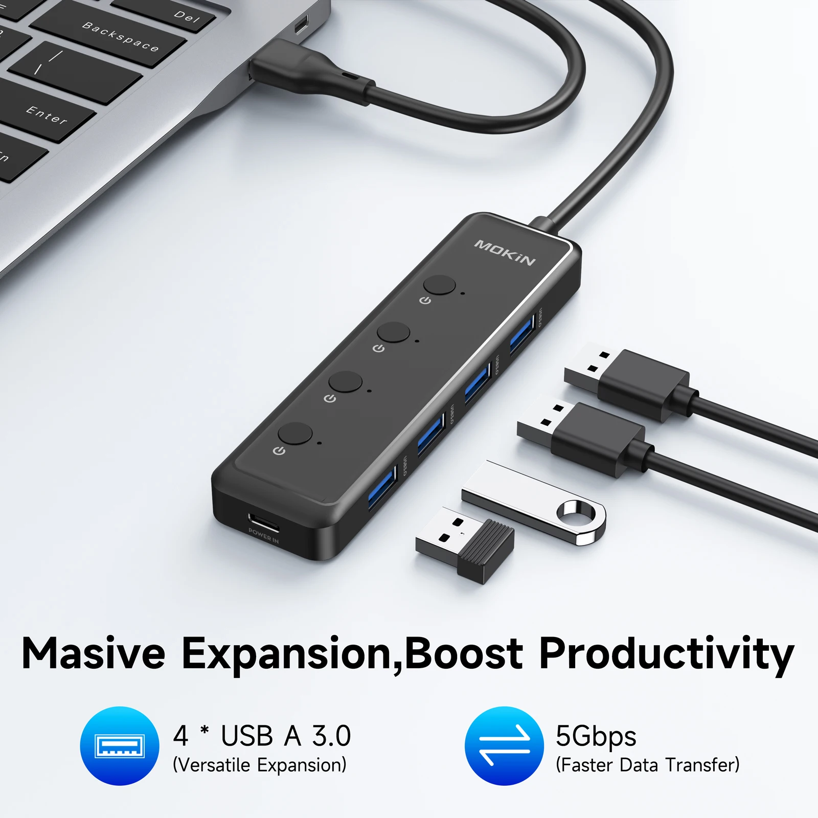 MOKiN·USB C 5 Ports HUB USB Type C to USB 3.0 Power Adapter Multi Port Splitter Hub Switch Control,for Macbook Pro HP PC Laptop