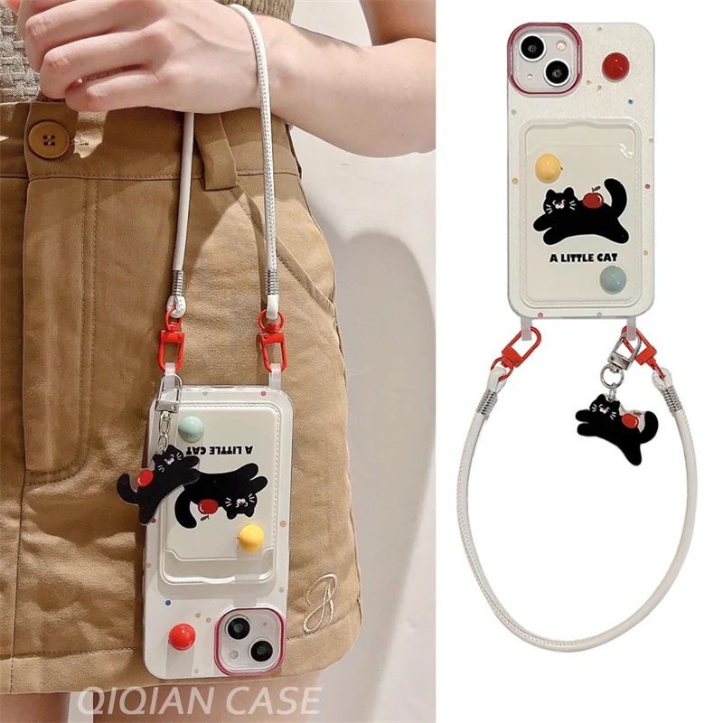Three dimensional bead rainbow bean black cat card case with the same black cat phone strap For iPhone 11 12 13 14 15 pro max