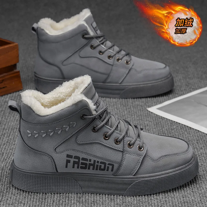 Men's winter fleece high-top boots, fashionable retro workwear sneakers, casual sports, outdoor snow boots