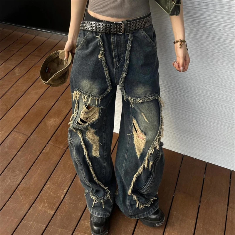 Women's Blue Gothic Y2k Cargo Unisex Jeans High Waisted Straight Trouser Streetwear Casual Wide Leg Edge Stitching Denim Pants