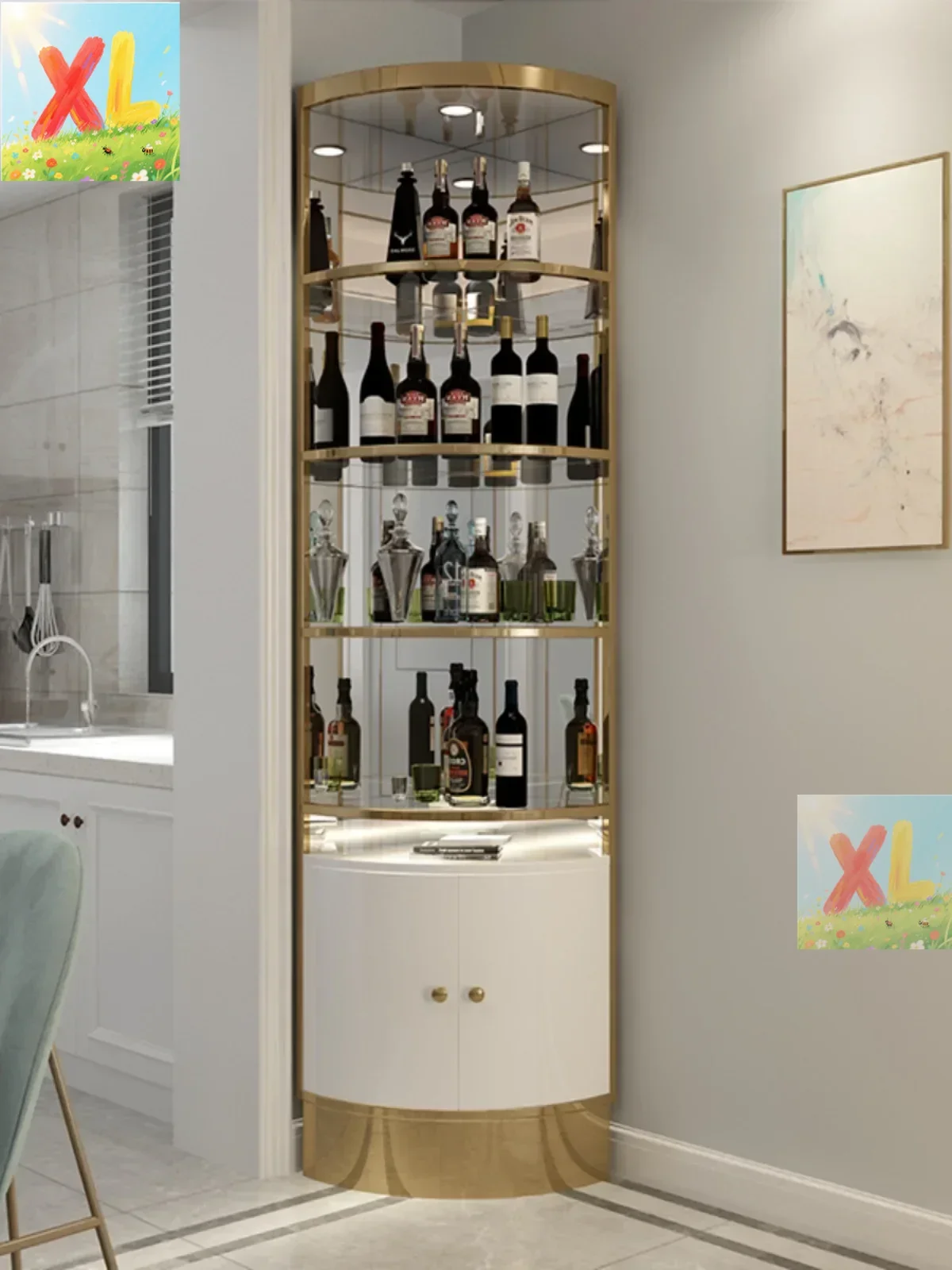 

Light luxury stainless steel triangle cabinet, glass wine, post-modern corner wine cabinet, living room fan