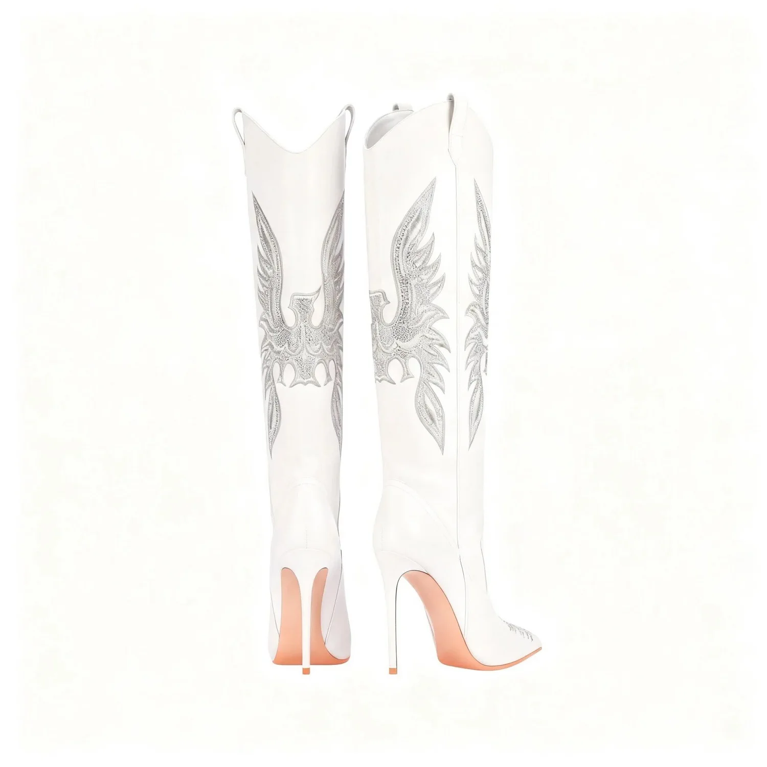 Vintage Western Cowboy Knee High Boots For Women Stiletto Heel  Phoenix Embroidery Pointed Toe Leather Tall Boots Nightclub