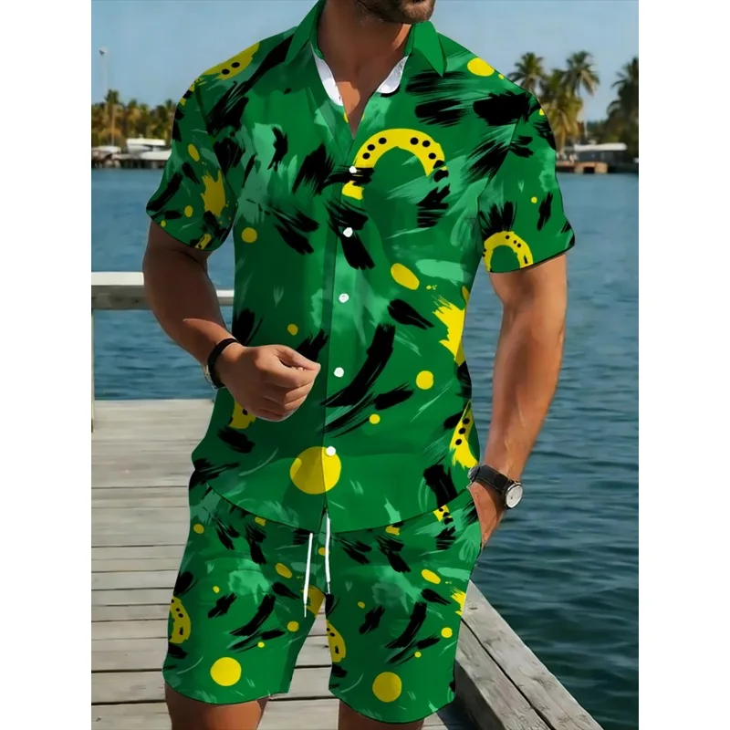 Men's Tropical Print Shirt Shorts Set Lightweight Polyester Beachwear Outdoor Casual Vacation Pool Daily Comfortable Durable