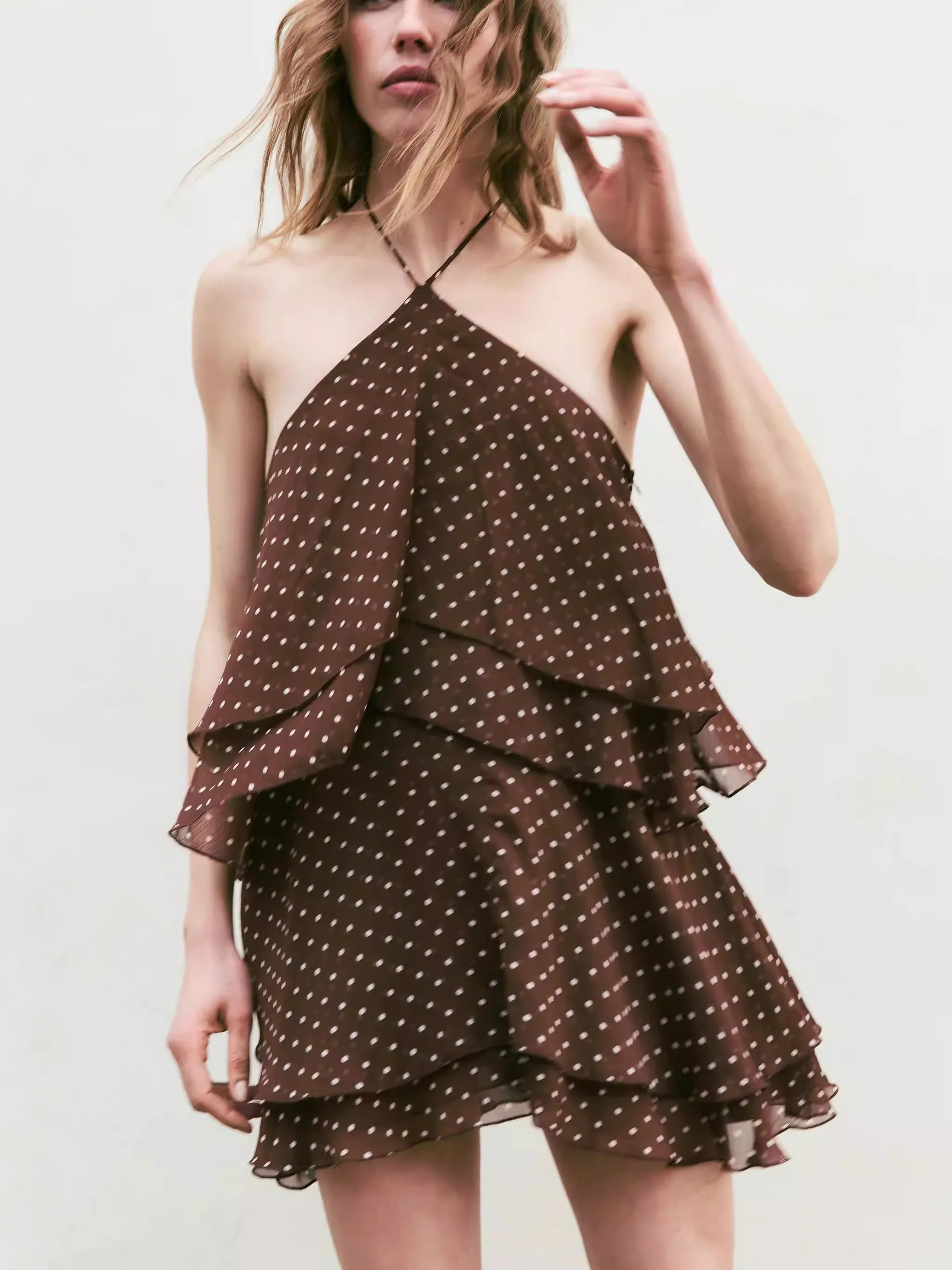 Summer New Women's Dress Backless Polka Dot Layered Decoration Collar Hanging Neckline Dress Ethnic Stage Costume for Women