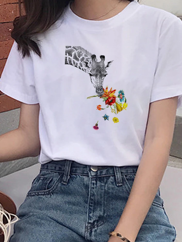 

Kawaii Cat'S Paw Casual Tshirt 90s Elephant Giraffe Cartoon Printed Short Sleeve T Shirt Summer Casual Graphic T Shirt Tops