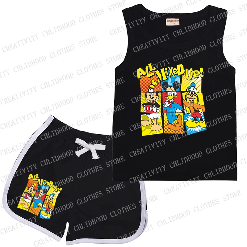 Disney Children Sports Suit Mickey Mouse Minnie Kids Vest & Shorts Cartoons Summer Casual Clothes Sleeveless Girl Boy Sets