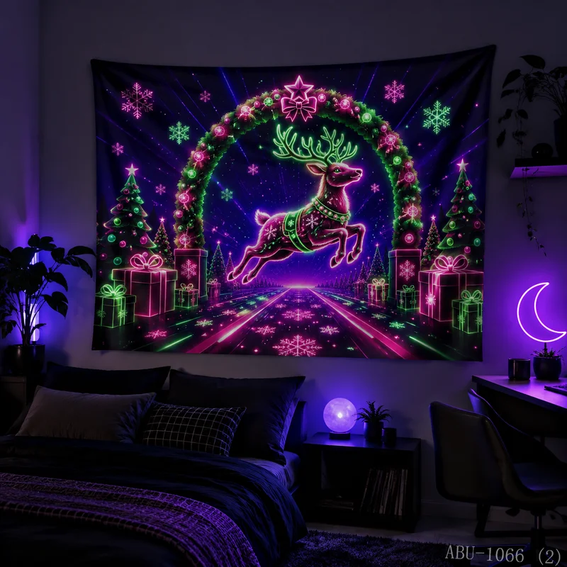 VIKAMA Blue Green Neon Secret Realm Stream Elk Christmas Tapestry HD Background Cloth Festival Atmosphere Room Decoration
