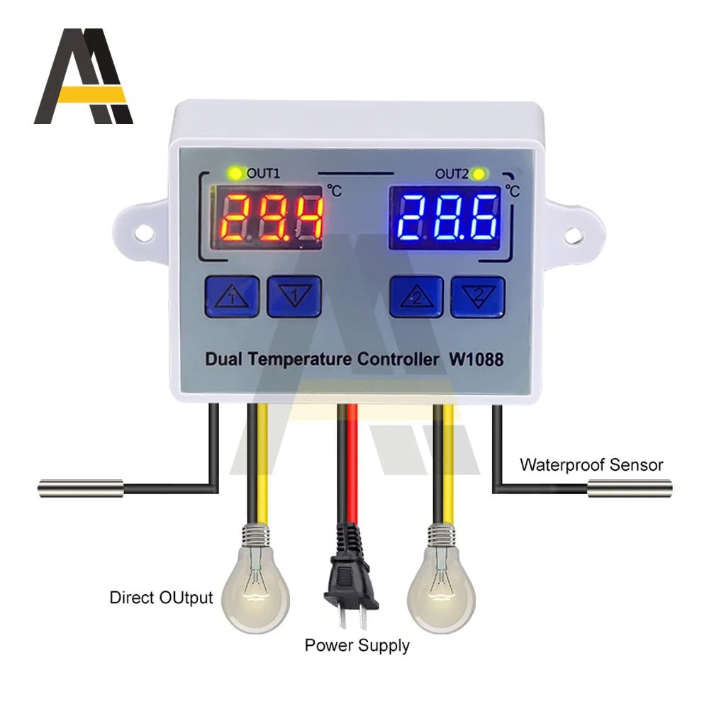 W1088 Dual LED Digital Temperature Sensor Meter Controller Electric Heating Thermostat 12V 24V 220V for Aquarium Incubator