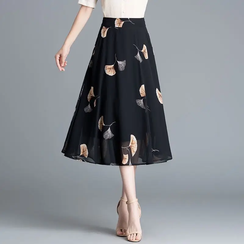 

Женская шифоновая юбка миди с высокой талией и цветочным принтом, расклешенная, с узором гинкго, повседневная