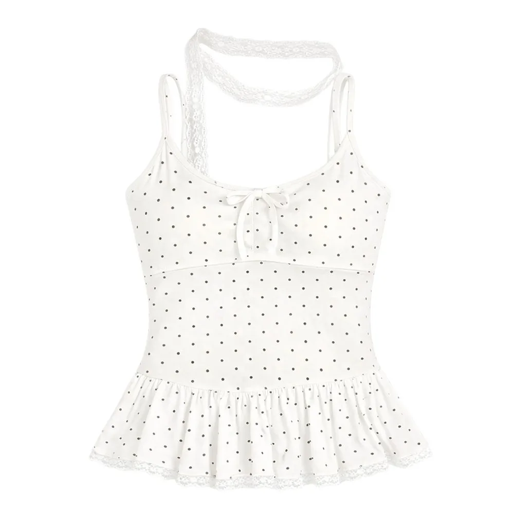 Neues Polka-Dot-Trägertop mit Schleife und Spitze, figurbetontes, sexy V-Ausschnitt-Top mit Band