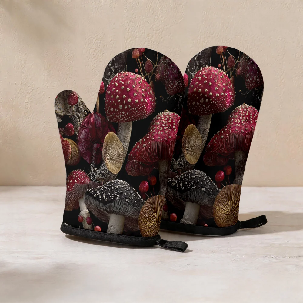 2pcs Oven Mitts, Heat-Resistant Gloves with Assorted Mushroom and Red Berry Print, Includes Hooks for Easy Storage