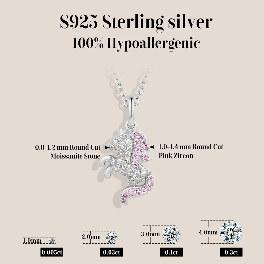 ATTAGEMS Running Unicorn Pendant Pink Zircon White Moissanite Necklace S925 Silver Dreamy Girls Boy Birthday Party Gifts Jewelry