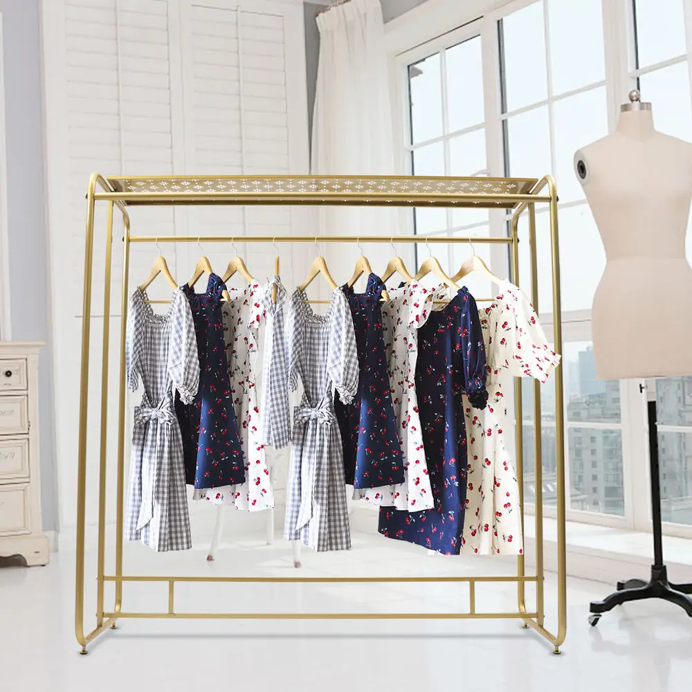 Metal Golden Clothes Retail Garment Rack Double Rod Hanging Clothing Rack