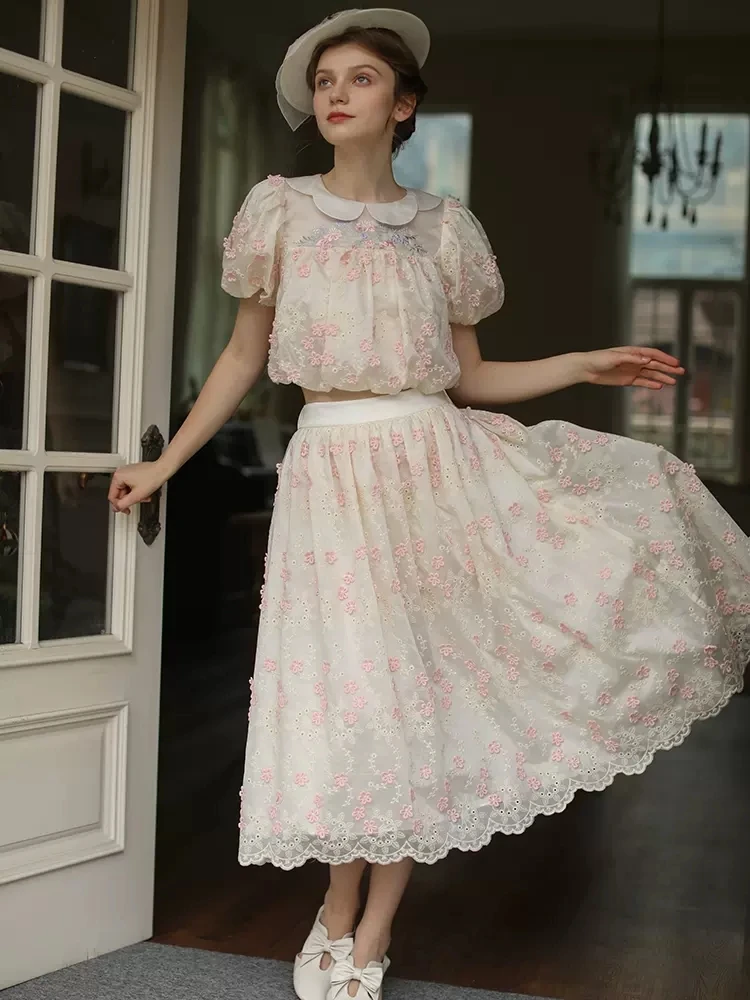 

91-101cm Bust Spring Summer Women Elegant Loose Mori Kei Girl Three Dimensional Embroidered Top and Skirt Sets