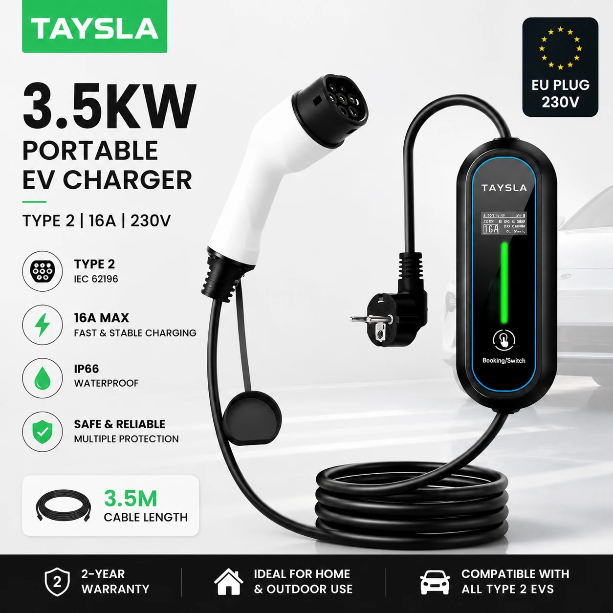TAYSLA EV Charger Type 2 3.5kW 3.5M Portable EV Charger with Adjustable Current 8A-16A Compatible with Model Y/3, Sealion 7,Atto