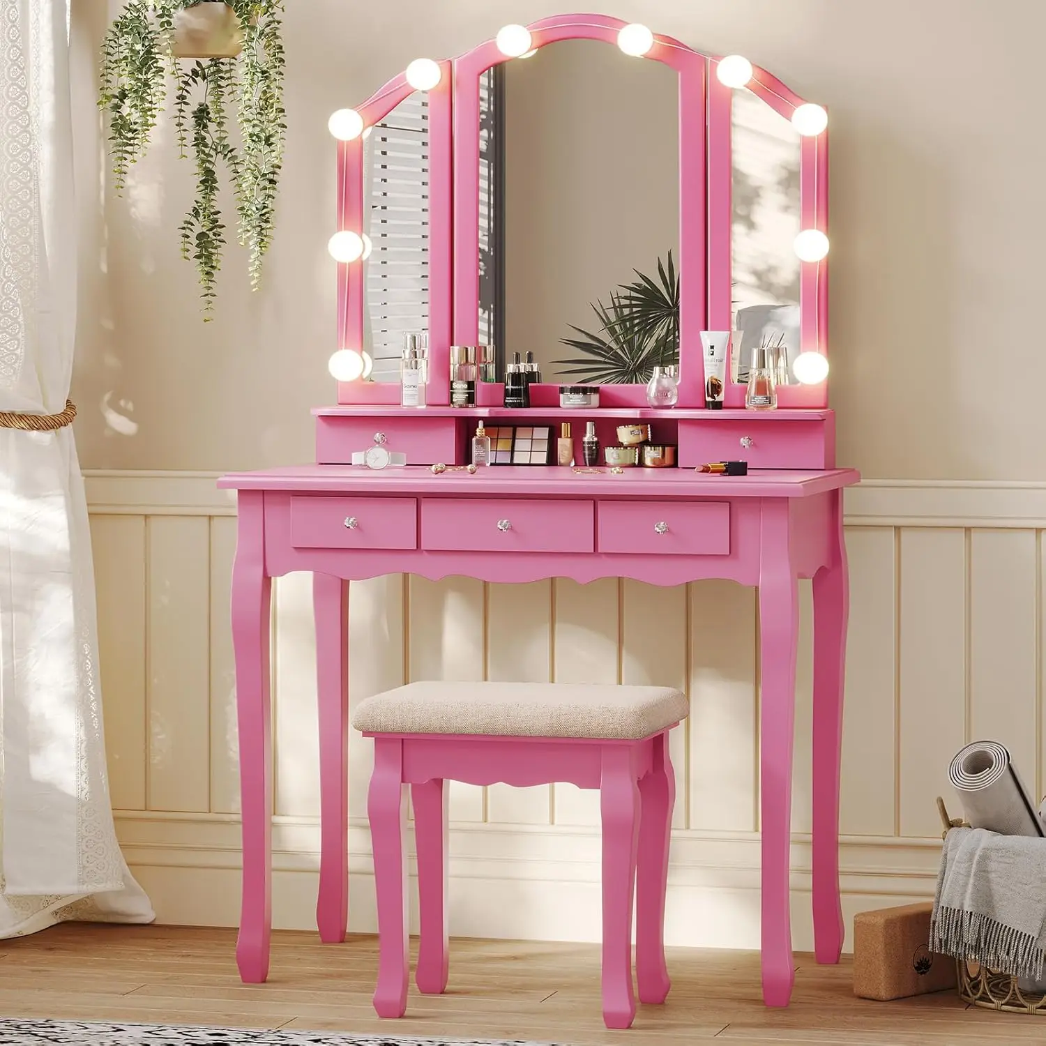vanity desk with tri-fold mirror and lights, makeup vanity with wood upholstered stool, makeup desk with 5 drawers & 8 jewelry
