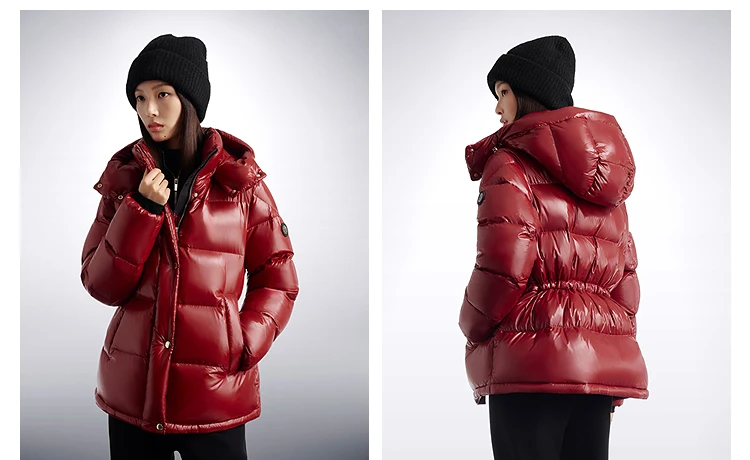 BOSIDENG Women Hooded Short Goose Down Coat 90% Goose Down 700+ Loft Shiny Fabric Adjustable Waist Puff Winter Outerwear