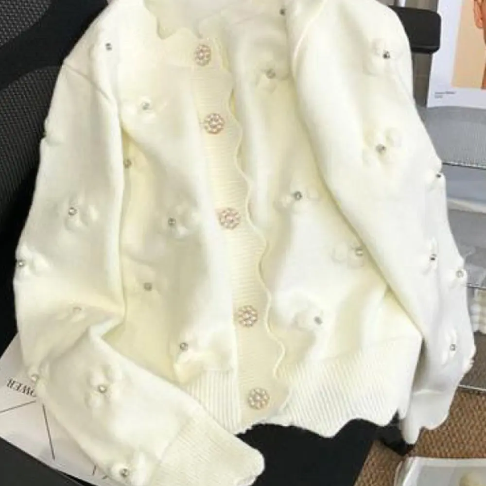 

White Celebrity Embroidered Knitted Cardigan Women's Flower Sweater Coat Early Autumn Top Autumn New Outfit