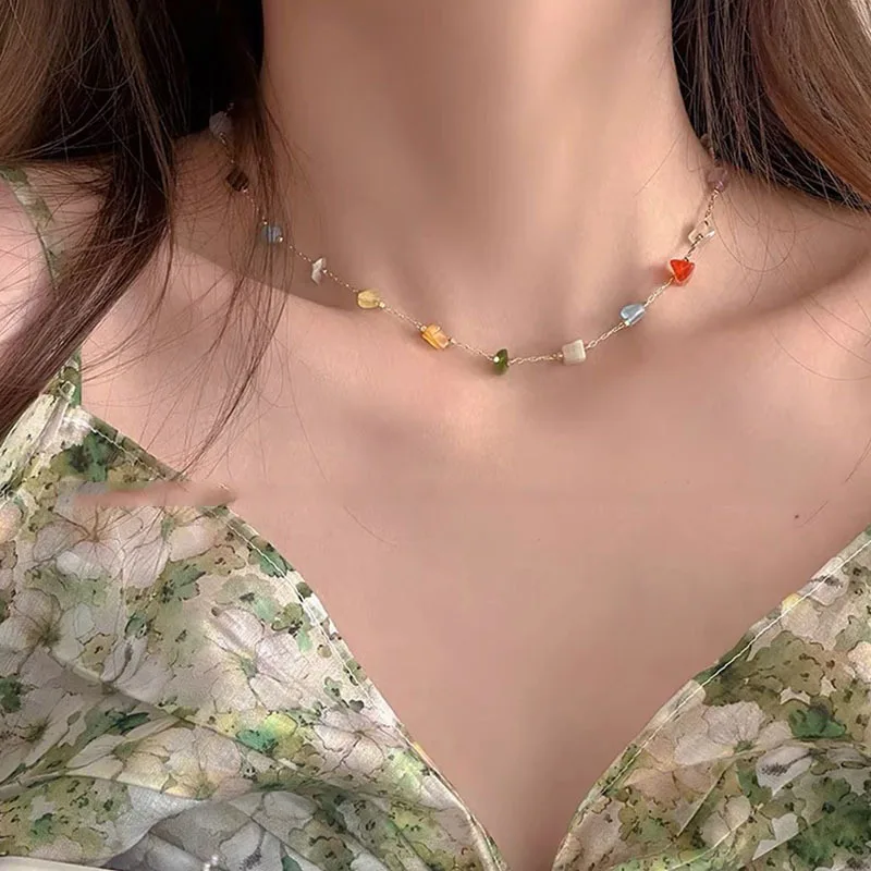 Trendy Cute Sweet Natural Stone Necklace for Women Girls Summer Simple Crystal Clavicle Chain Choker Necklace New Jewelry Gift