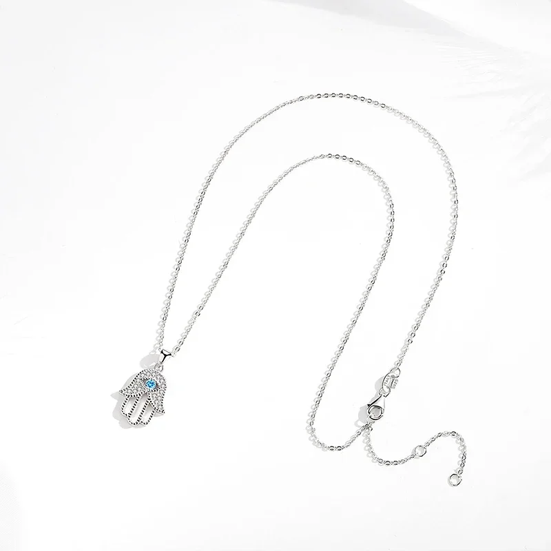 KALETINE Turkish Crystal Evil Eye Hand Hamsa Pendant Necklace Women 925 Sterling Silver Jewelry Hollow Out Clavicle Link Chain