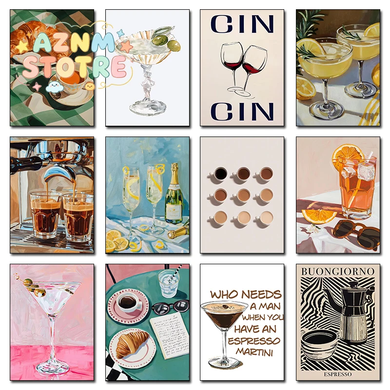 Cocktail Coffee and Croissant Espresso Cin Cin Wine Canvas Painting Print Kitchen Wall Art for Living Room Home Bar Decor Mur