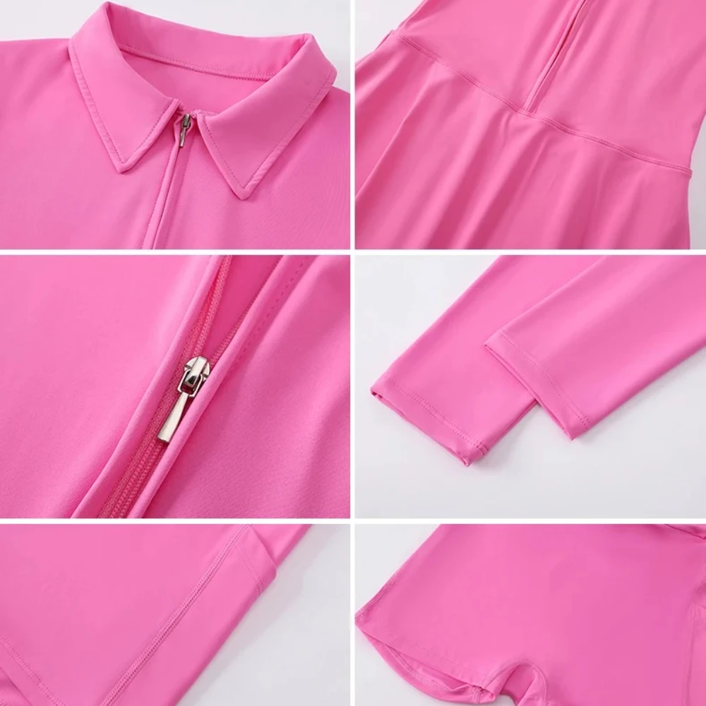 Gym Jumpsuits Half Zipper Long Sleeve Women's One Piece Tennis Yoga Dress Lapel Collar Fitness Sports Overalls Workout Tracksuit