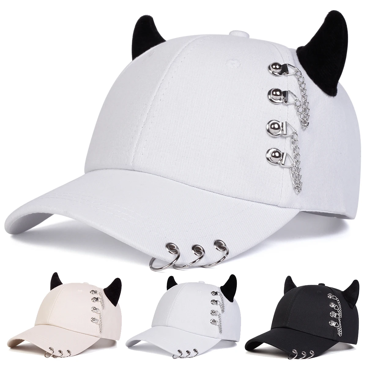 Unisex Circular Lron Ring Cow Horn Personality Baseball Caps Spring Autumn Outdoor Adjustable Casual Hats Sunscreen Hat