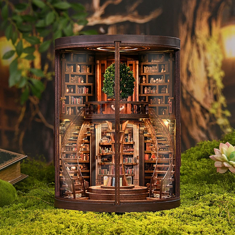 DIY Book Nook Wooden Miniature Model Kits Wisdom Rings Book Repository Bookend 3D Puzzle with Light for Friend Birthday Gifts