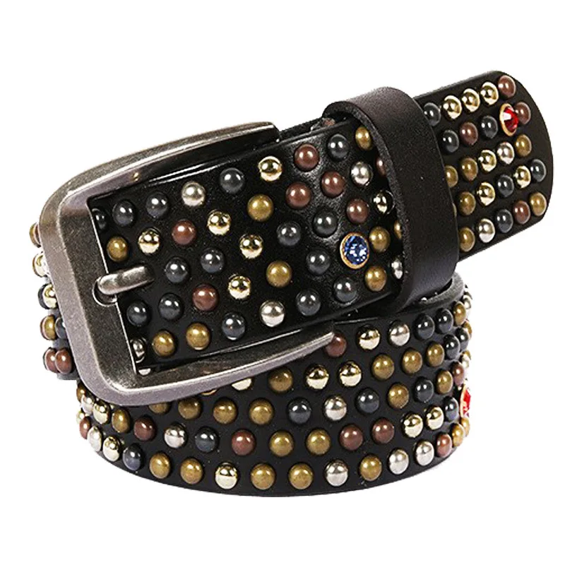 men luxury fashion rhinestone belts punk goth cow leather studded belt womens trendy rivets strapon pin buckle waistband leash