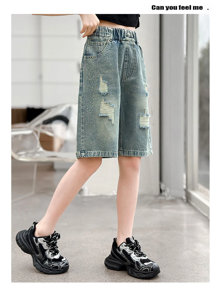 Slim Fit Kinder-Jeansshorts mit Löchern für Teenager-Mädchen, Lässige Sommer-Destroyed-Shorts, Coole Streetwear-Hosen für Kinder – Detail 7