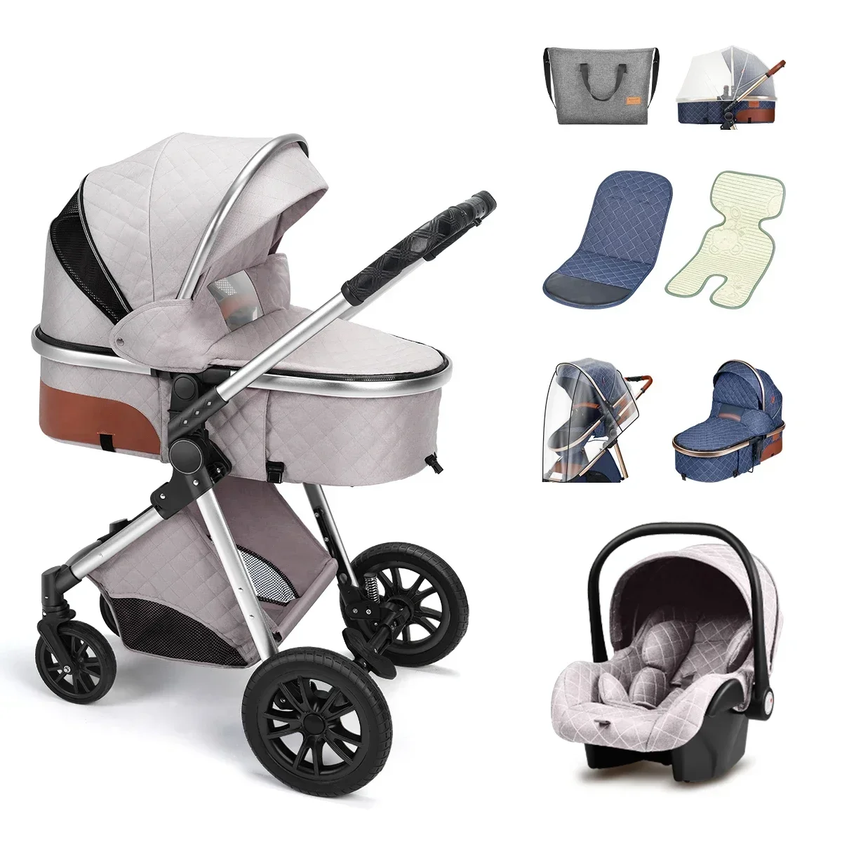 Poussette bébé de luxe 3en 1 avec siège auto, portable, réversible, paysage élevé, voyage