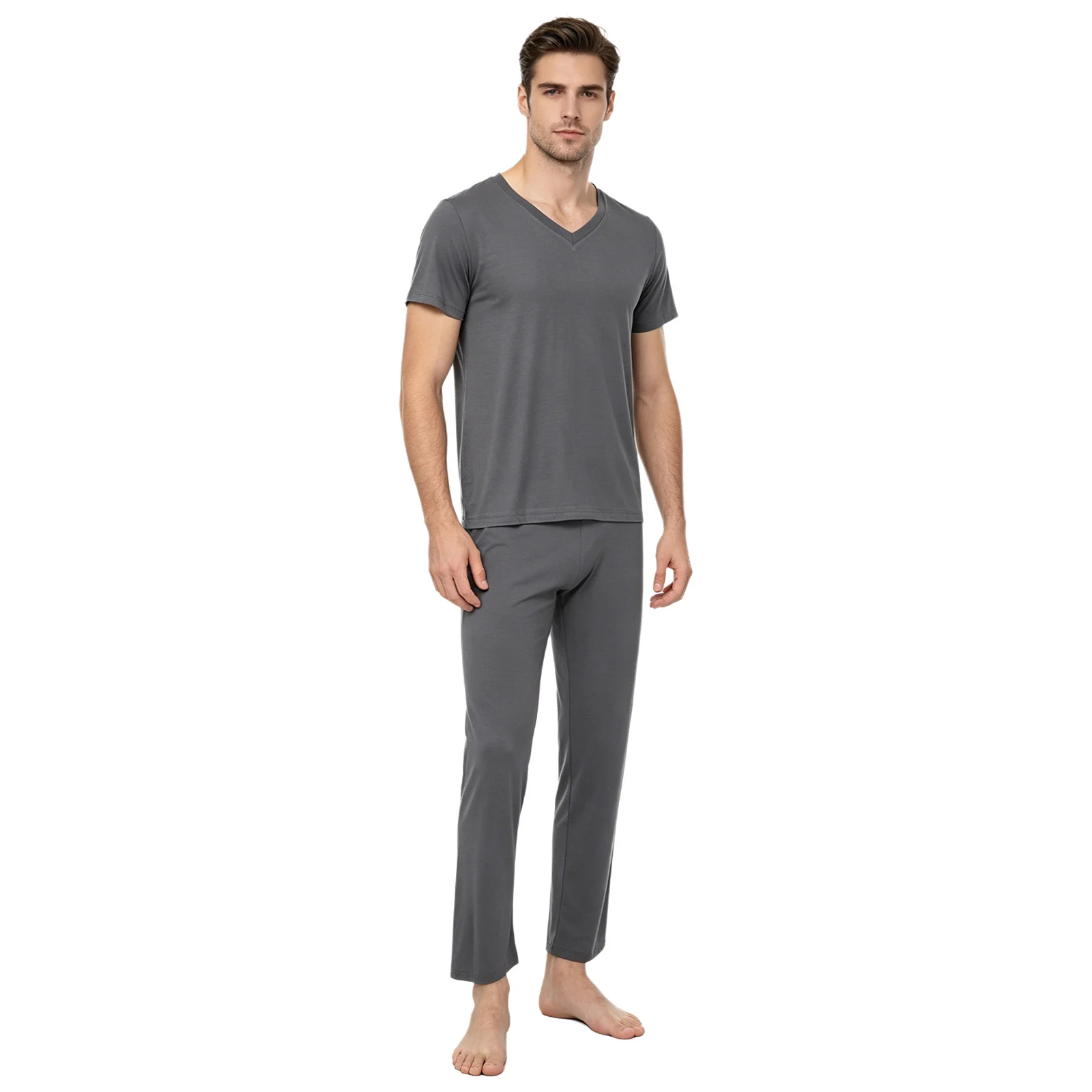 

Men Latin Modern Dance Ballet Yoga Sports Workout Training Performance Outfit Short Sleeve T-shirt Top with Elastic Waist Pants