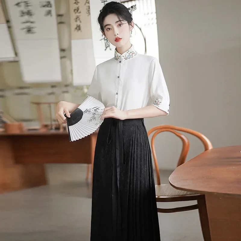 Camisa de estilo chino para viajes, Top de falda con cara de caballo negro, estilo Hanfu mejorado, traje de Mamianqun elegante diario, Cheongsam, nuevo