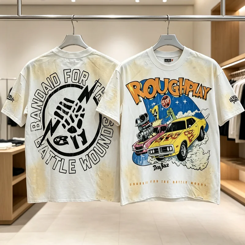 Street Trend Men's Women's Loose Rough Play Short Sleeved Tops Summer Retro Vintage Inkjet Double-sided Printed Fashion T-shirts