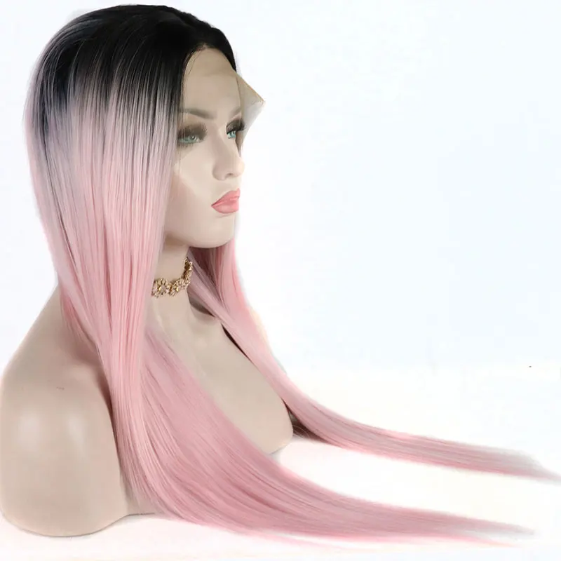 Black Ombre Pink Straight Hair Wig Synthetic 13X4 Lace Front Wigs High Quality Heat Resistant Fiber Hair For Black Women Cosplay