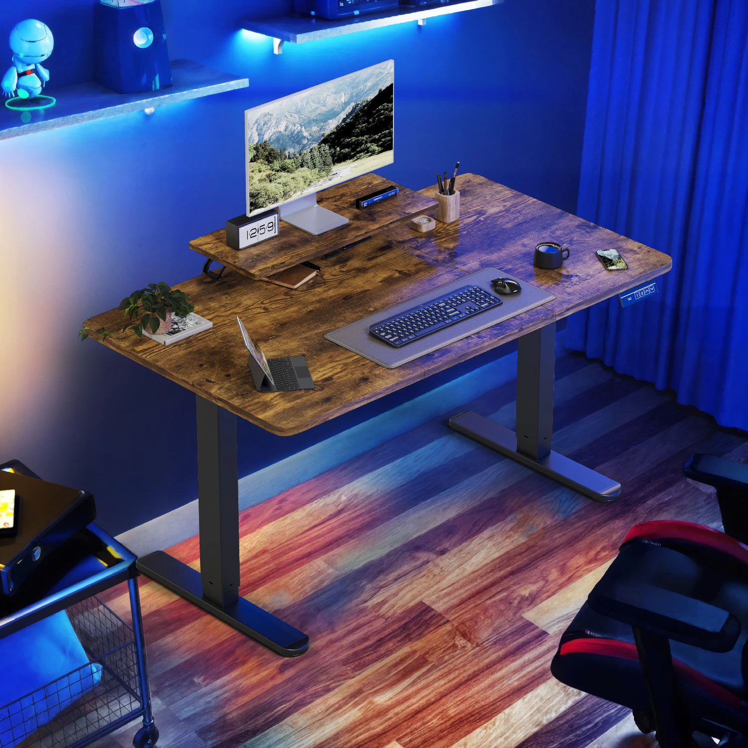 Devoko Bureau électrique réglable en hauteur 140 × 60 cm avec support pour moniteur Siège ergonomique Bureau debout (Blanc)