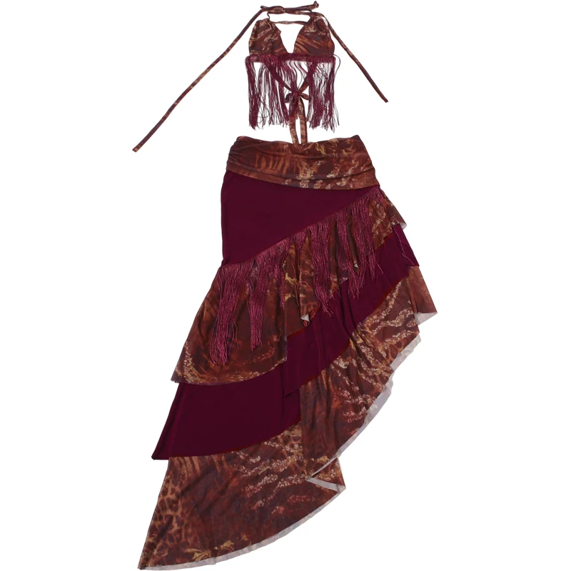 Kliou Quasten-Dekorations-Set, 2-teilig, Damen Neckholder-Top mit tiefem Ausschnitt und rückenfreiem Design + unregelmäßiger Patchwork-Maxirock, sexy Mode-Outfits – Detail 3