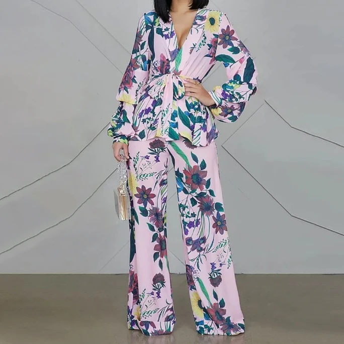 

Obedient Girl Fashion Printed V-Neck Bubble Sleeve Oversized Shirt and High Waisted Wide Leg Pants Set