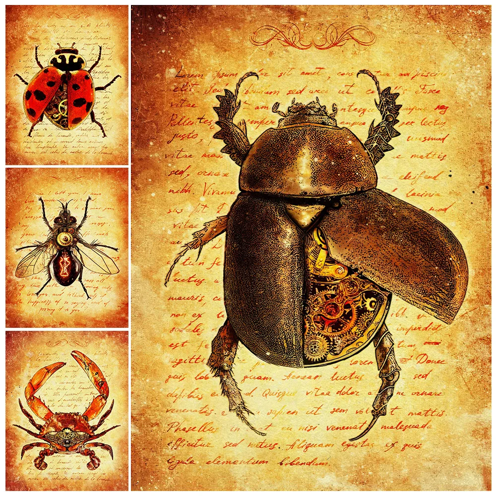 

Stag Beetle,Ladybug,Beetle Vintage Wall Art Canvas Painting Mechanical Insect Gothic Art Poster Print Home Decoration Unframed