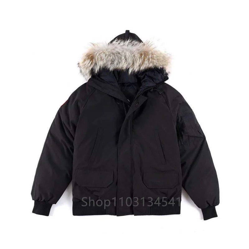 Winter Mens Canadian CG Chilliwacks Parka Goose Down Jacket Warm Outerwear Coat Windproof Hood Real Coyote Fur Short